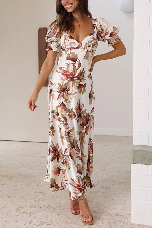 Seaside Space Floral Satin Open Back Crossover Straps Maxi Dress