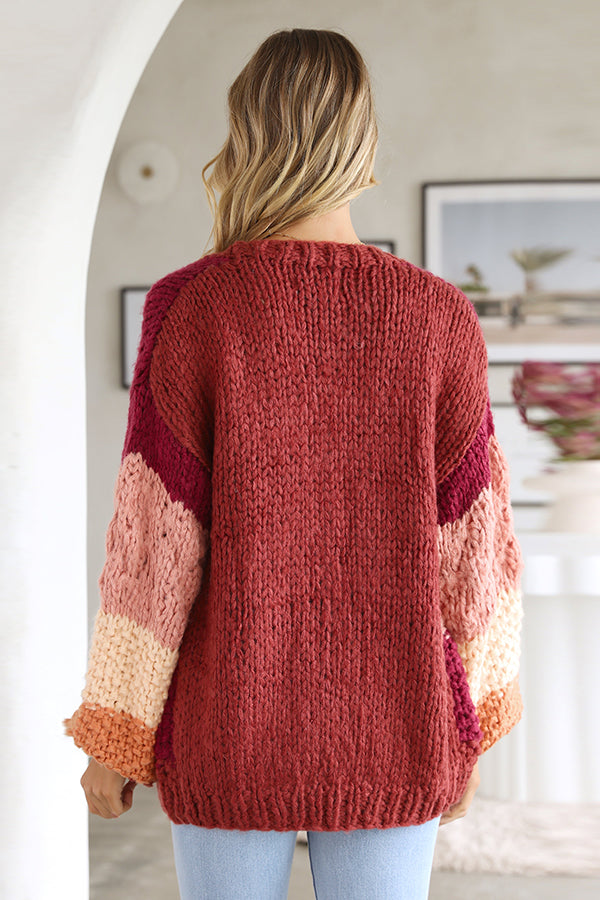 Red Striped Casual Knit Cardigan