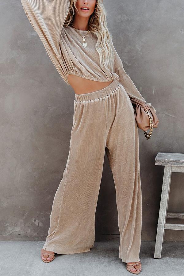 High Rise Plisse Wide Leg Pants Suit