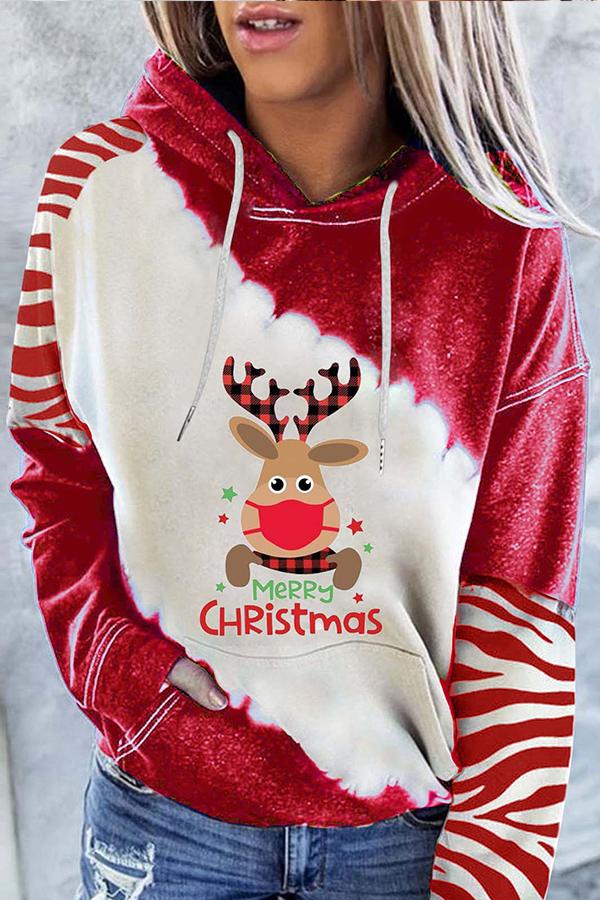 Santa Claus Print Color Block Hoodie  （Red）