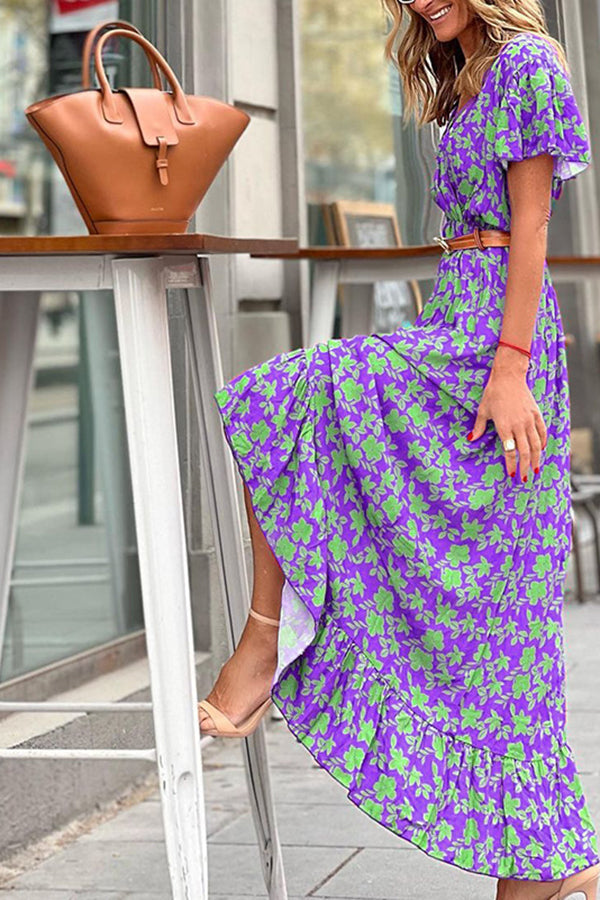 V-Neck Ruffle Swing Print Maxi Dress