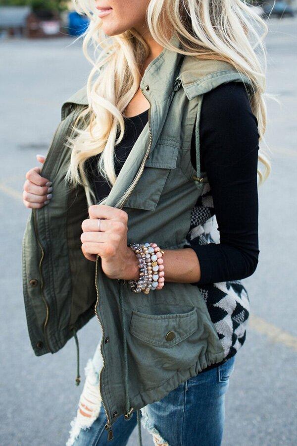 Casual Olive Aztec Back Hooded Vest Jacket