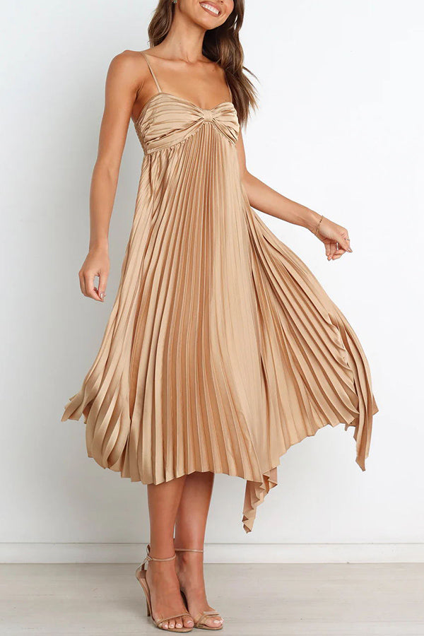 Kali Metallic Satin Asymmetrical Hemline Pleated A-line Midi Dress