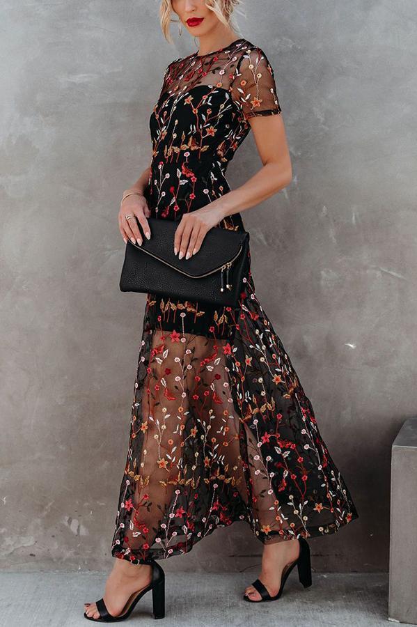 Romantic Getaway Embroidered Mesh Floral Maxi Dress