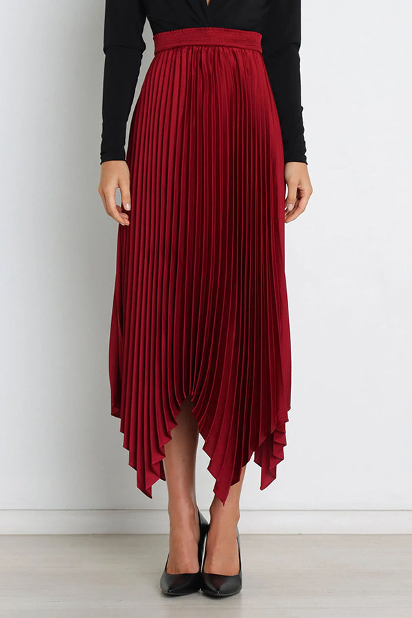 Yris Satin Pleated Elastic Waist Asymmetrical Hemline Midi Skirt