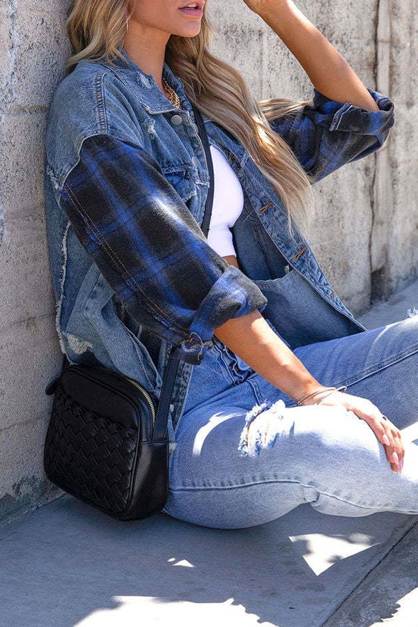 Street Fashion Distressed Denim Plaid Jacket