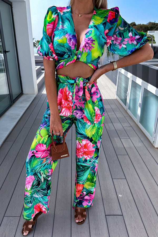 Sunny Beach Tropical Print Tie-up Top and Pocketed Elastic Waist Pants Set