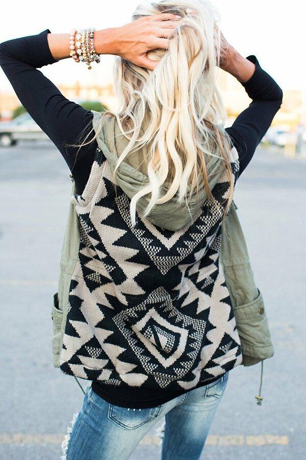 Casual Olive Aztec Back Hooded Vest Jacket