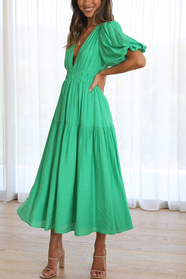 Sunshine Villa Puff Sleeve Elastic Waist Midi Dress