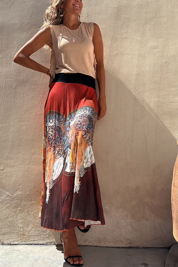 Fall In Love with Kyoto Geisha Printed Elastic Waist Stretch Maxi Skirt