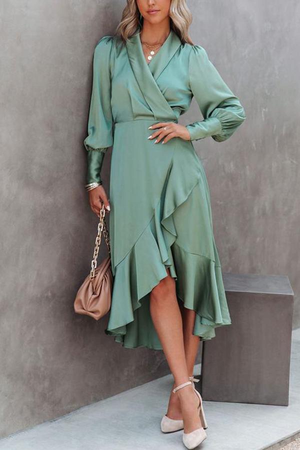 V Neck Long Sleeve Waisted Ruffle Dress