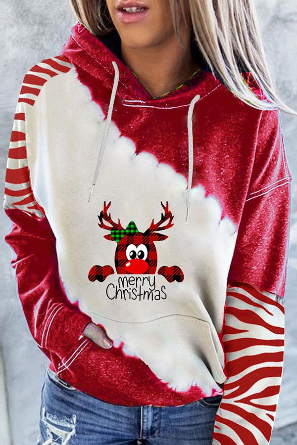 Santa Claus Print Color Block Hoodie  （Red）