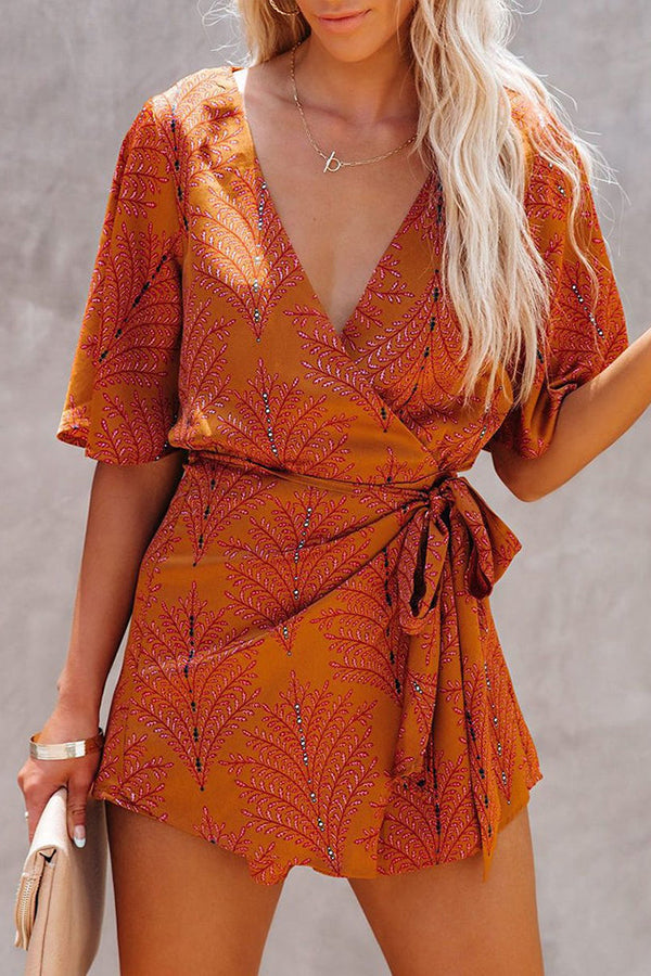 Unique V-neck Cutout Back Printed Romper