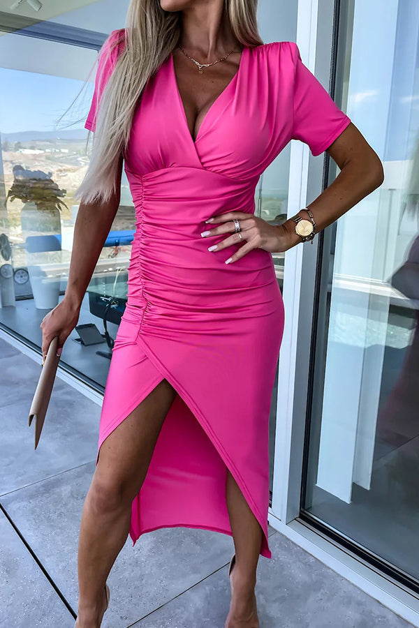 Lucky To Have You Padded Shoulder Ruched Slit Midi Dress