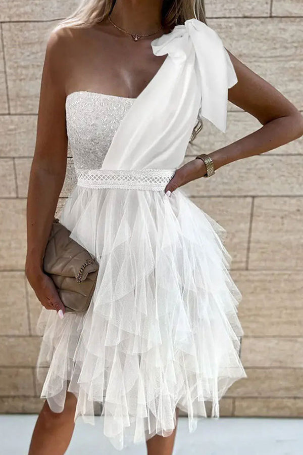 One-Shoulder Solid Ruffle Midi Dress