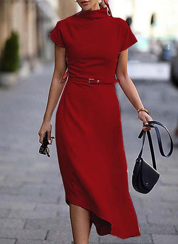 Women's Dresses Solid Turtleneck Belt Slim Dress