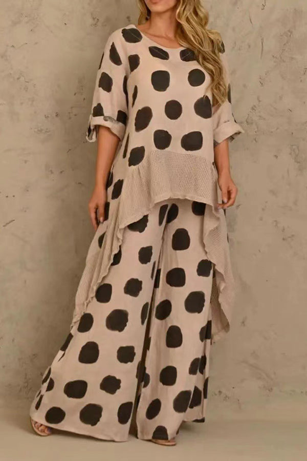 Women's Fashion Polka Dot Print Stitching Wide Leg Pants Suit