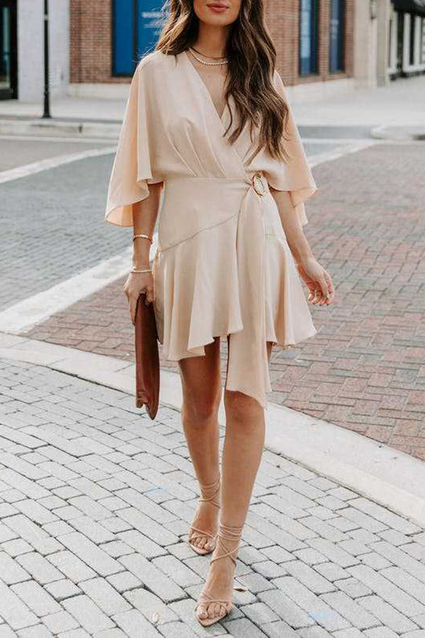 V-neck Ruffle Irregular Lace-up Dress