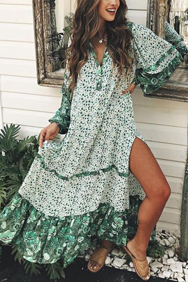 Green Tribal Print Striped Buttons Side Slit Draped Bohemian Flowy Maxi Dress