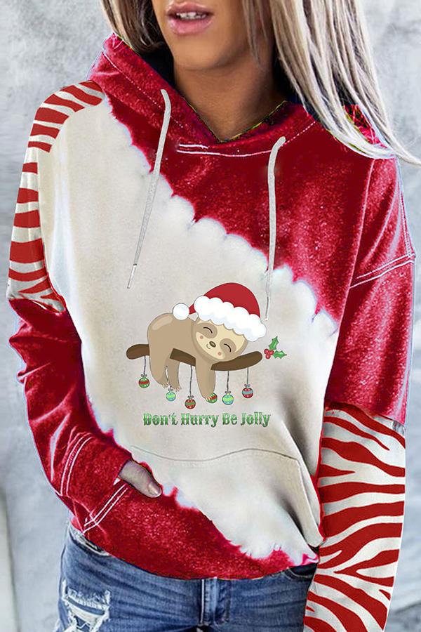 Santa Claus Print Color Block Hoodie  （Red）