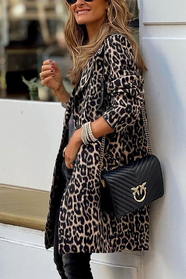 Leopard print lapel long stylish coat