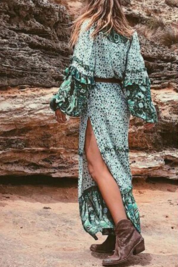 Green Tribal Print Striped Buttons Side Slit Draped Bohemian Flowy Maxi Dress