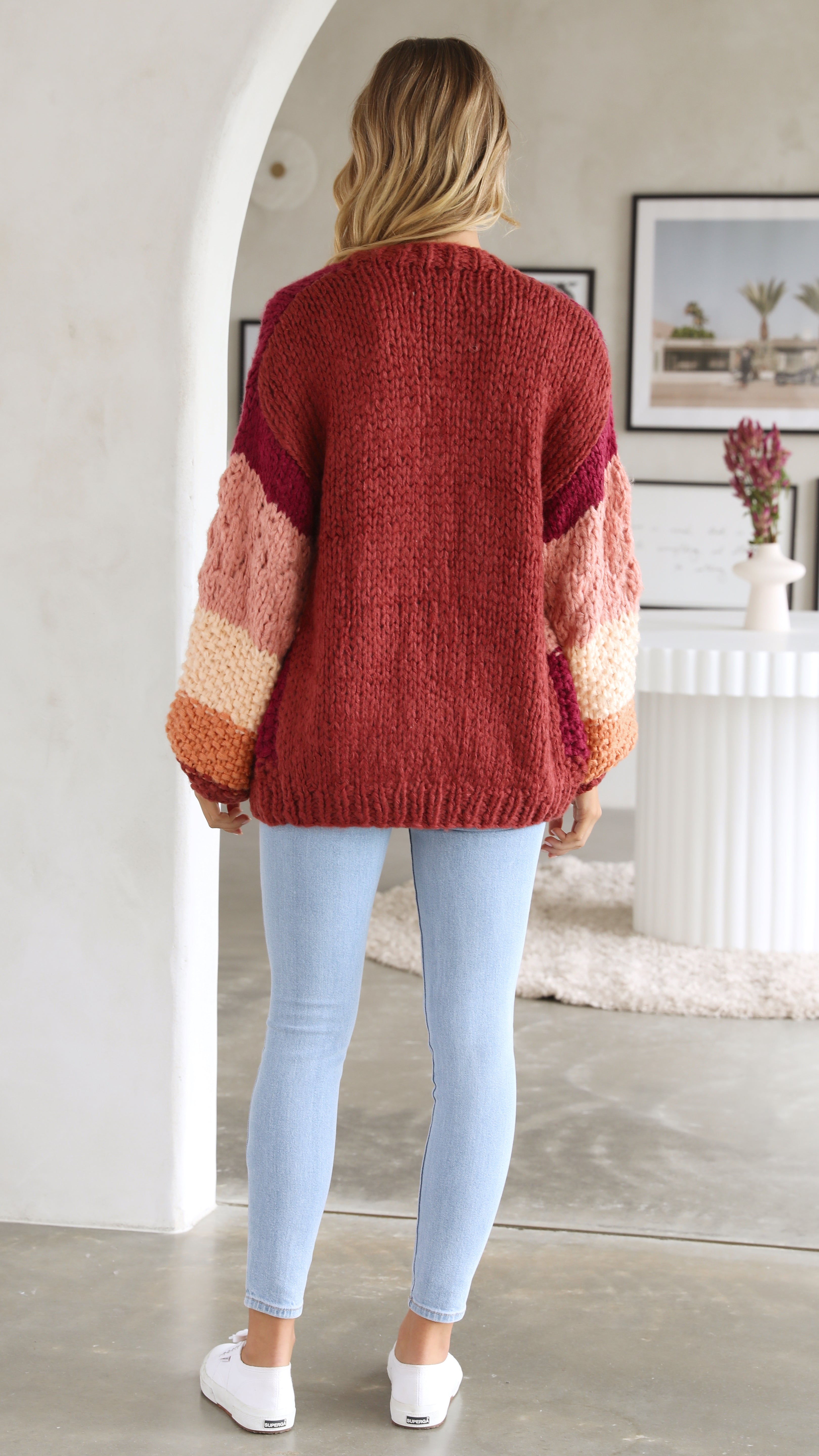 Red Striped Casual Knit Cardigan