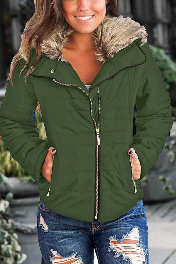 Women Casual Faux Fur Lapel Zip Pockets Quilted Parka Jacket