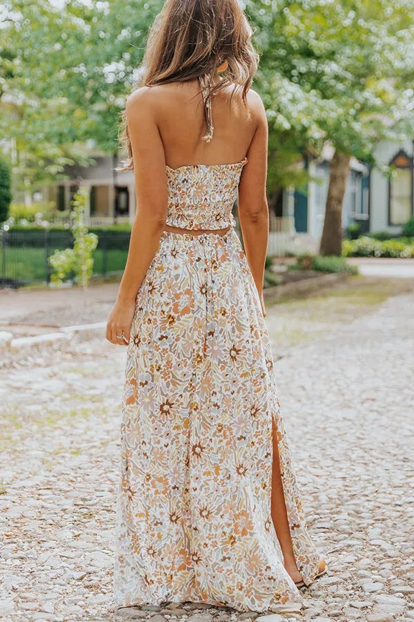 Island Calling Floral Cutout Smocked Halter Maxi Dress