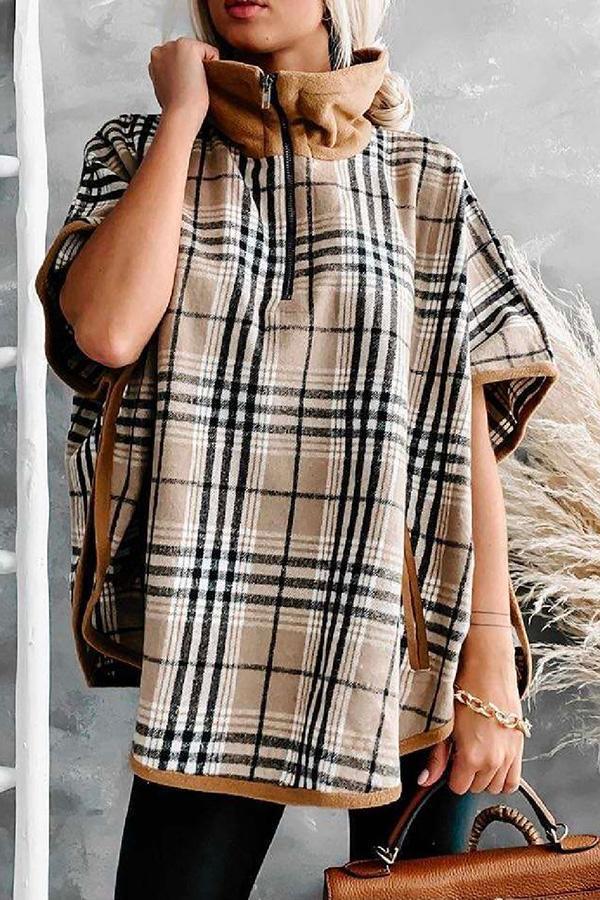 Plaid Batwing Sleeve Fleece Cape