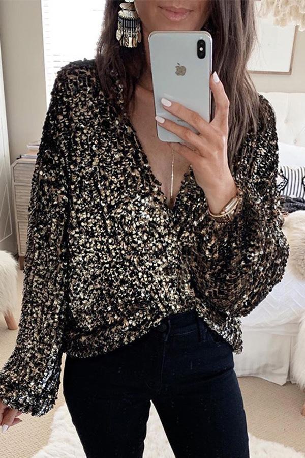 V-Neck Long Sleeve Sequin Top