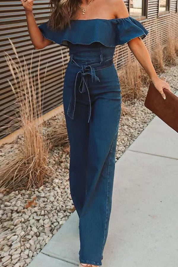 Fashion Solid Denim Faux One Shoulder Ruffle Jumpsuit