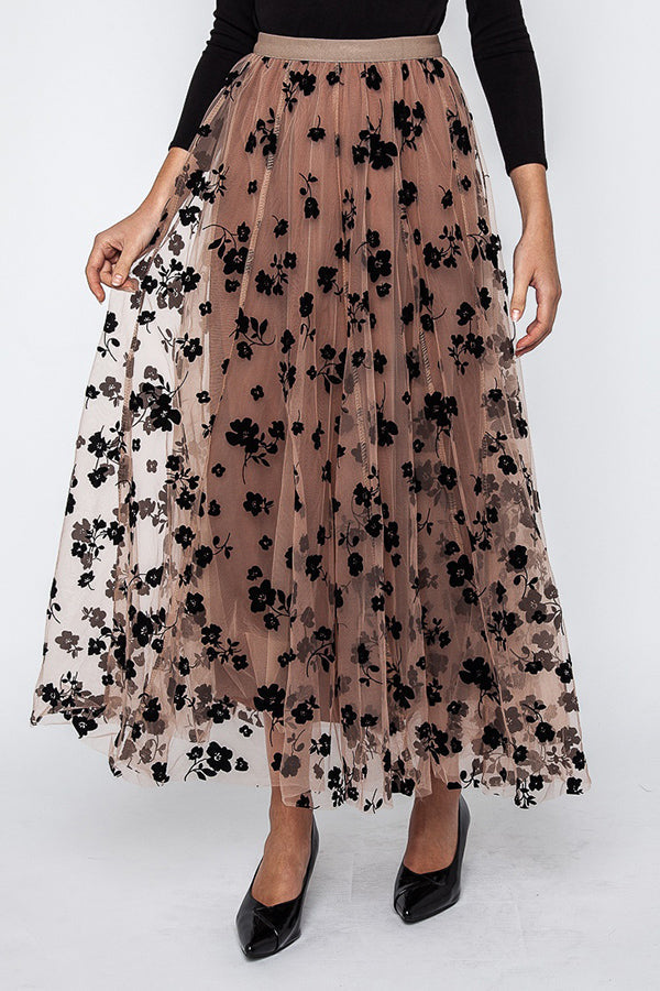 Jaclyn Flower Velvet Print Tulle Elastic Waist Midi Skirt