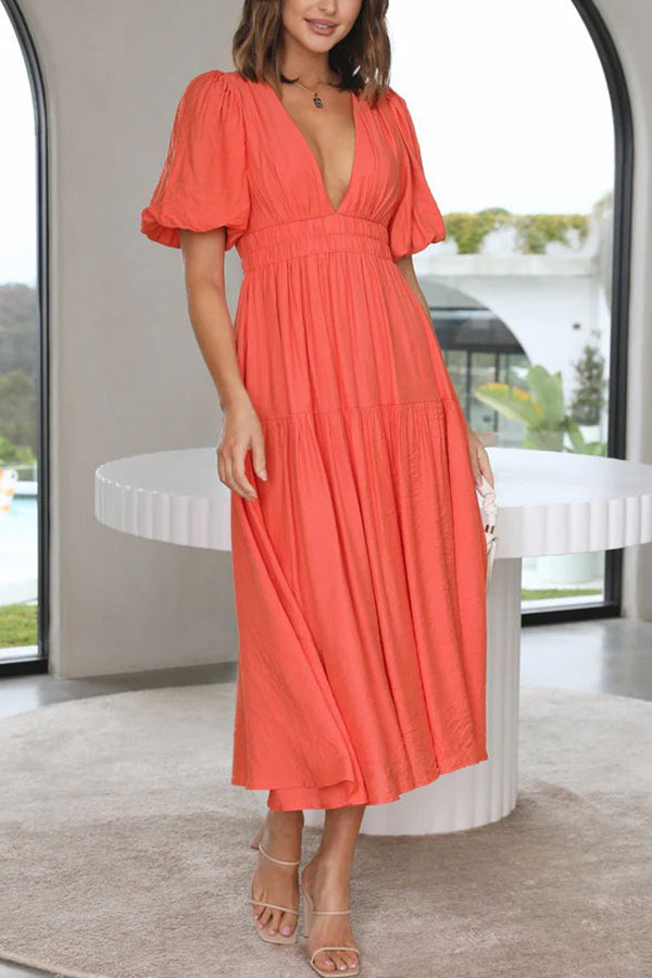 Sunshine Villa Puff Sleeve Elastic Waist Midi Dress