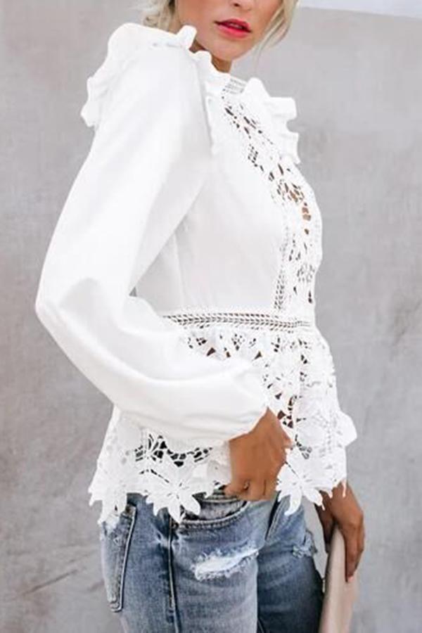 White Hollow Stitching Ruffle Top