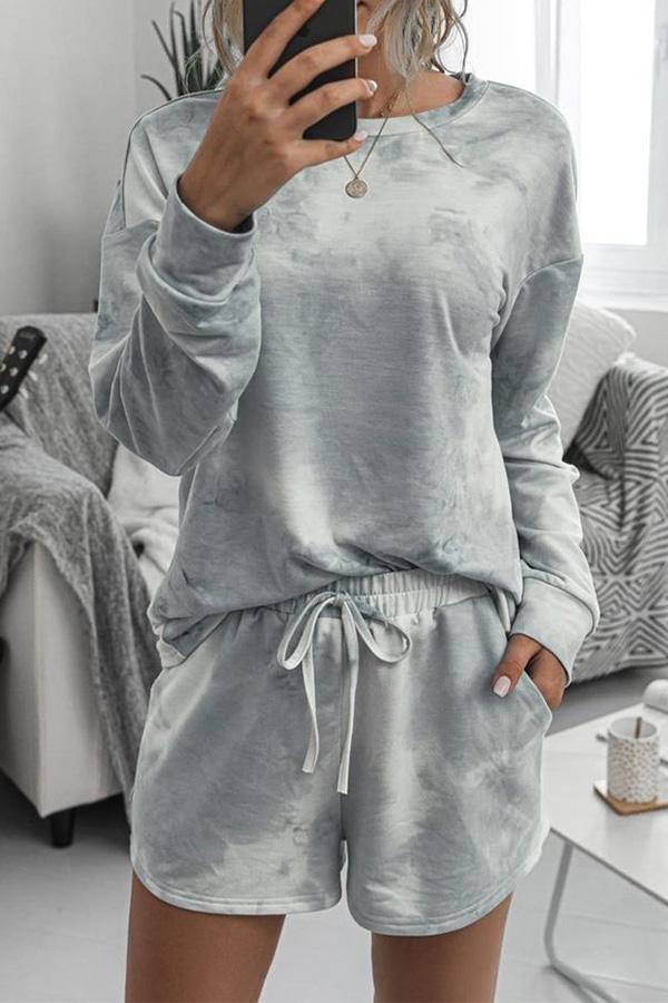 Casual Grey Round Neck Loose Top And Drawstring Lounge Shorts Set