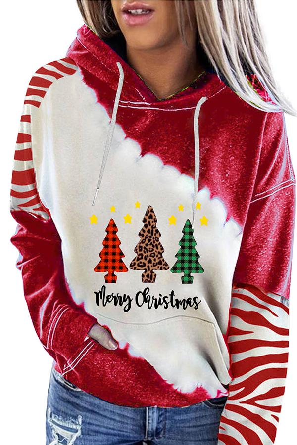 Santa Claus Print Color Block Hoodie  （Red）