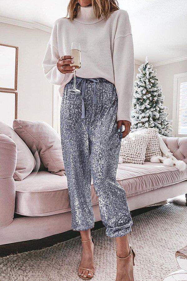 Sequin High Waist Drawstring Jogger Pants