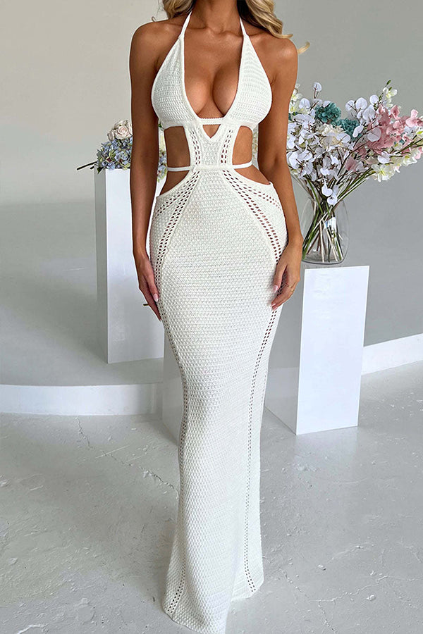 CUTOUT KNITTED V NECK TIE STRAPS BODYCON MAXI DRESSES