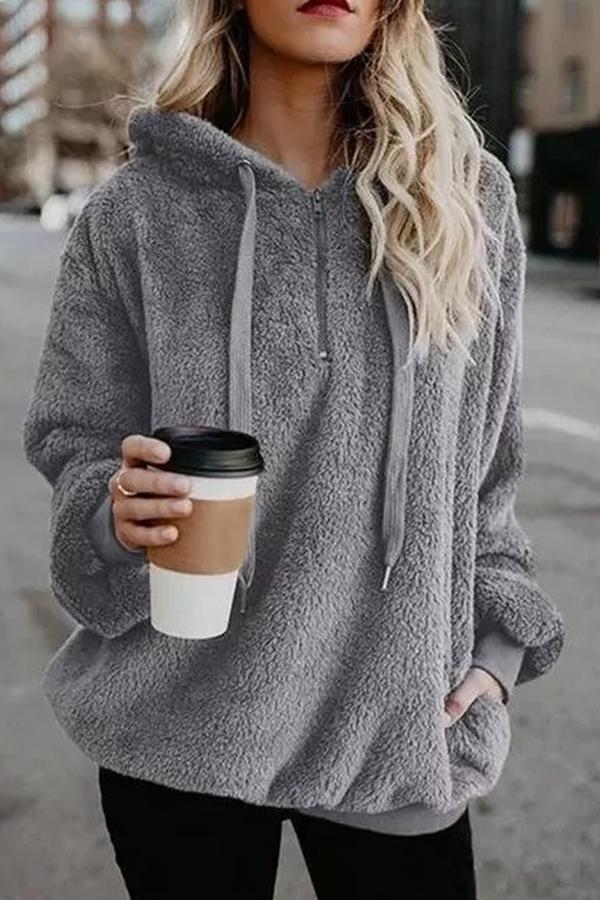 Zipper Long Sleeve Casual Solid Hoodie