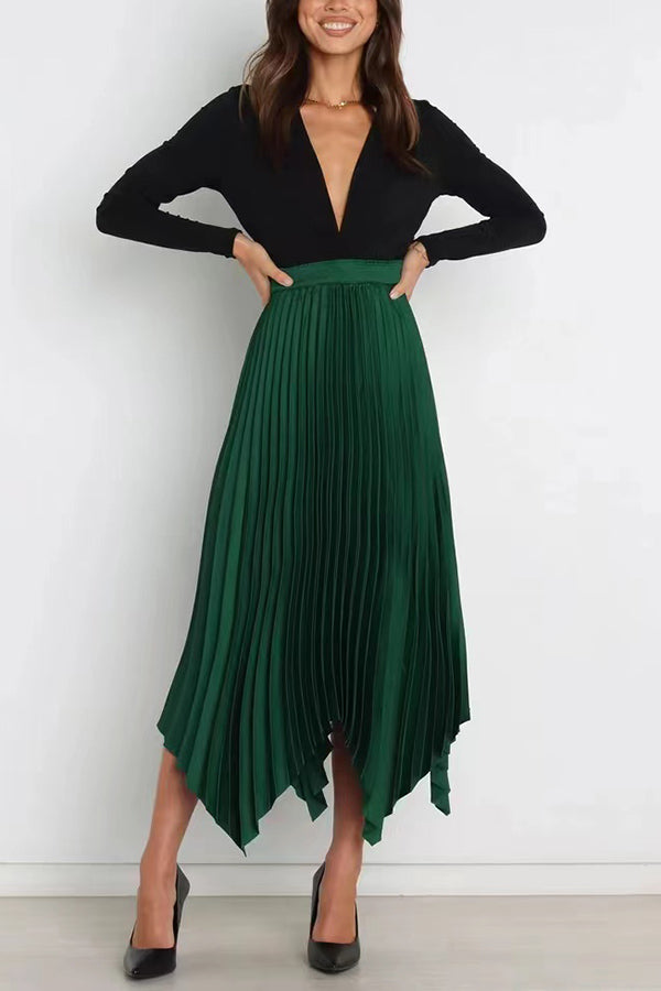 Yris Satin Pleated Elastic Waist Asymmetrical Hemline Midi Skirt