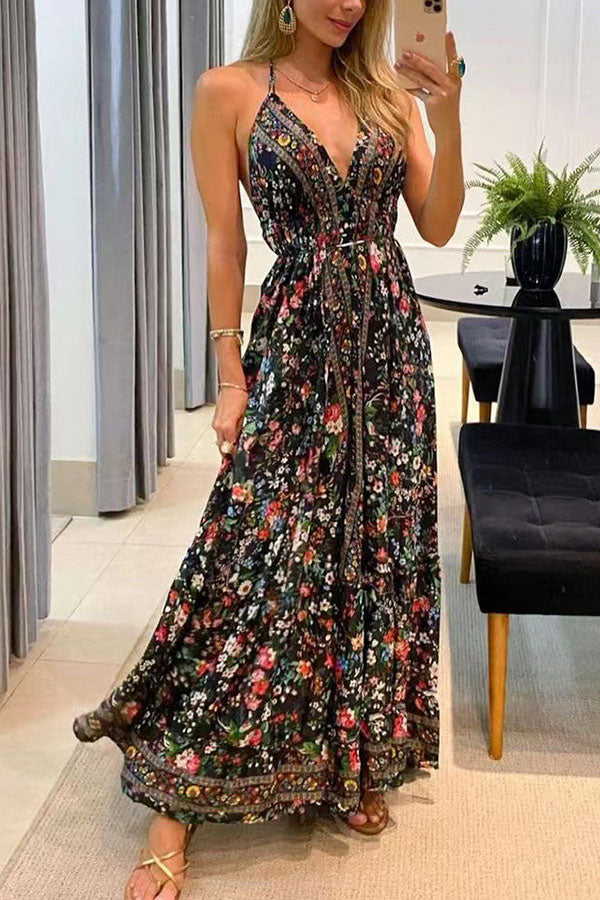 True Meaning Printed Backless Vacation Maxi Dress