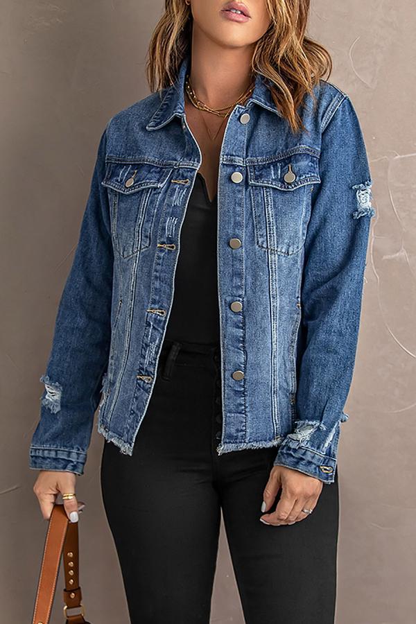 Lapel Distressed Raw Hem Buttons Denim Jacket