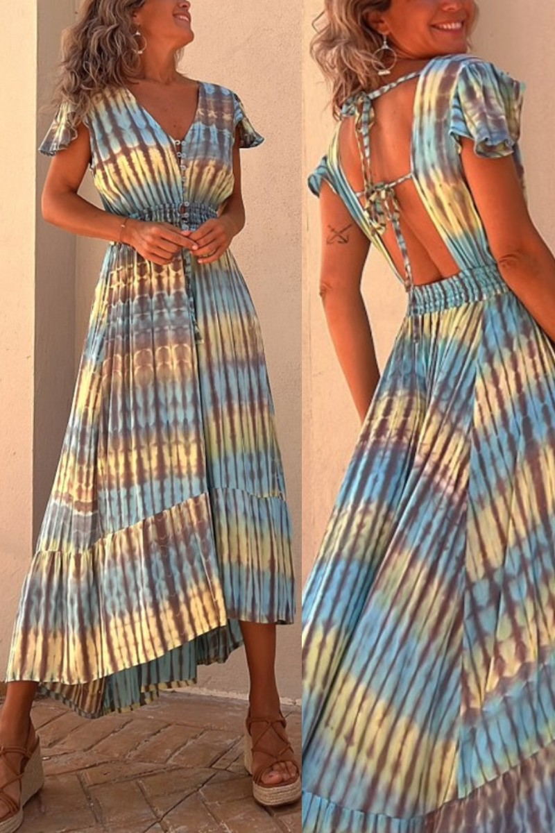 Lorina Tie-dye Print Button Smocked Waist Backless Midi Dress