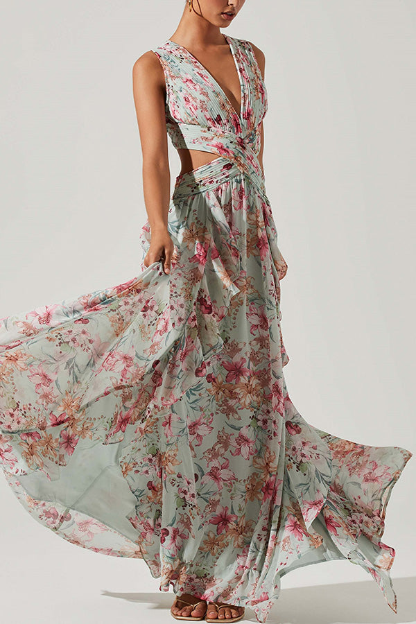 Flora V-Neck Pleated Cutout Ruffle Hem Maxi Dress