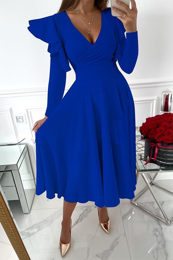 V-neck Ruffled Long-sleeved Waist Dress