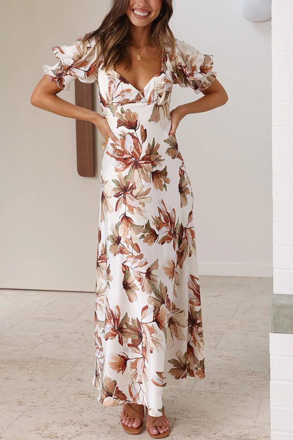 Seaside Space Floral Satin Open Back Crossover Straps Maxi Dress