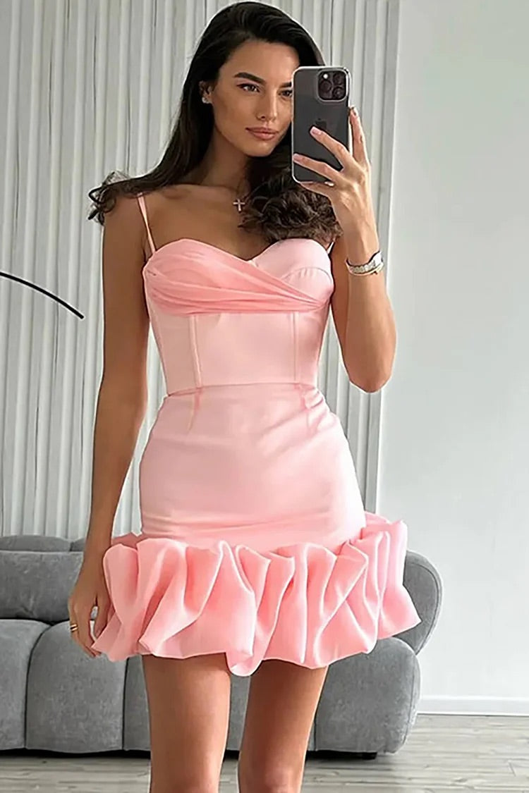 Sweetheart Neck Mesh Patchwork Draped Ruffle Hem Bodycon Slip Mini Dresses