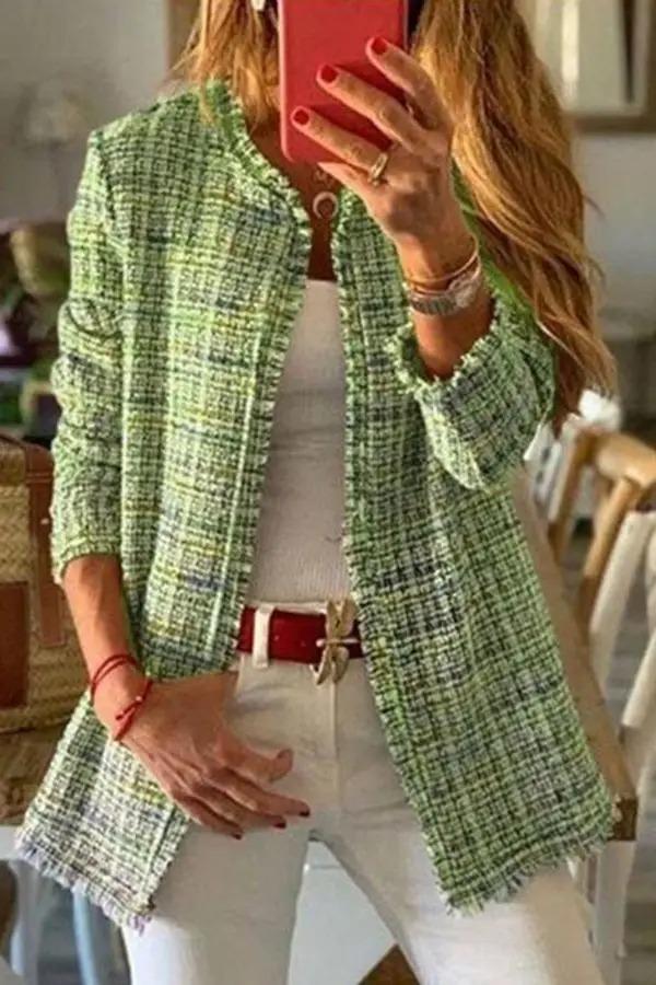 Long Sleeve Sweet Tweed Plaid Coat