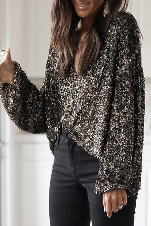 V-Neck Long Sleeve Sequin Top